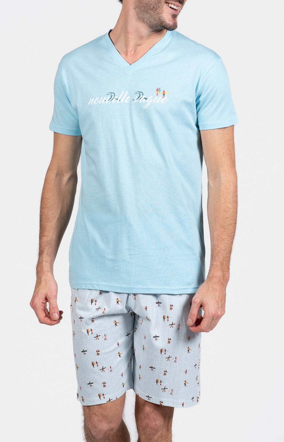 arthur-bob-pyjashort-surf-bleu-coton-celadon-homme image 1
