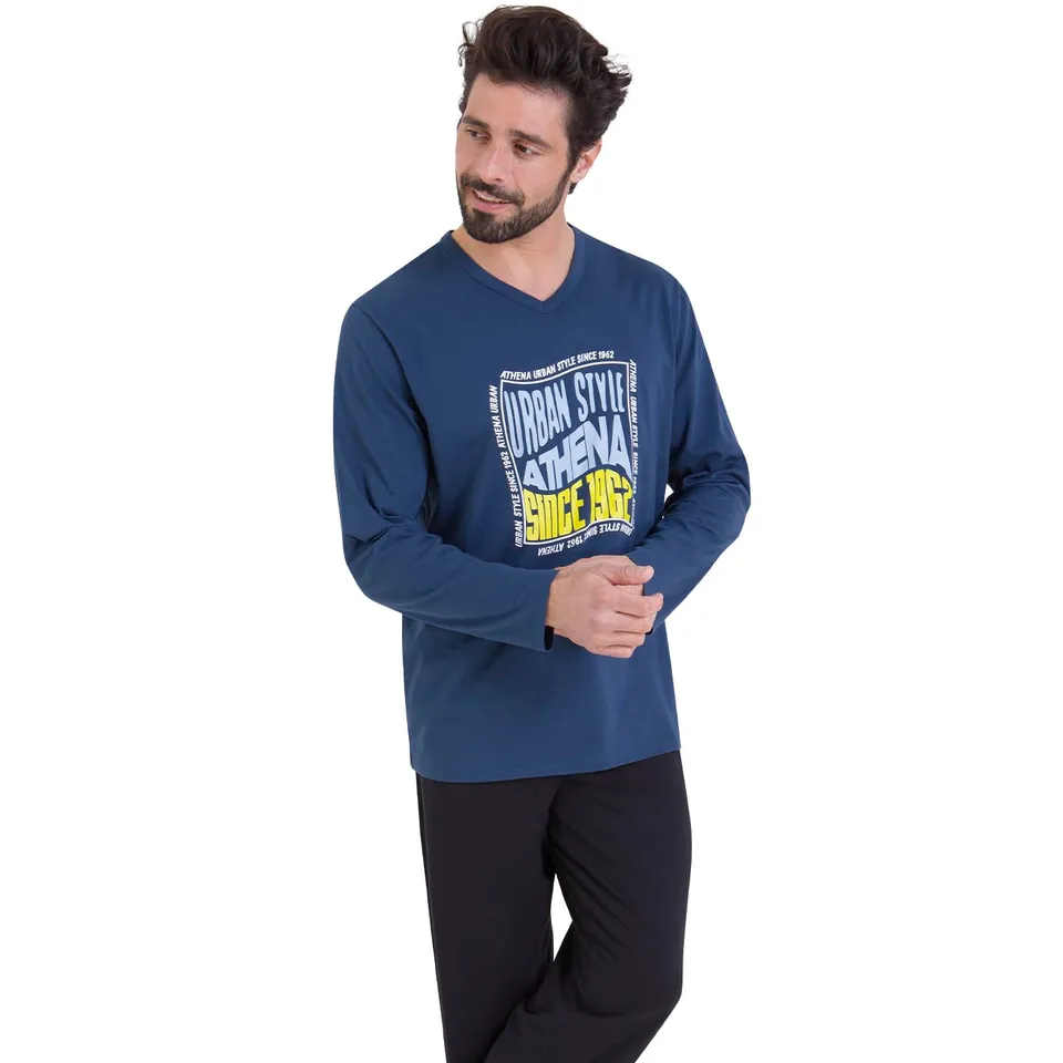 athena-graphic-ensemble-pyjama-homme-coton-lot-de-2-marine image 1
