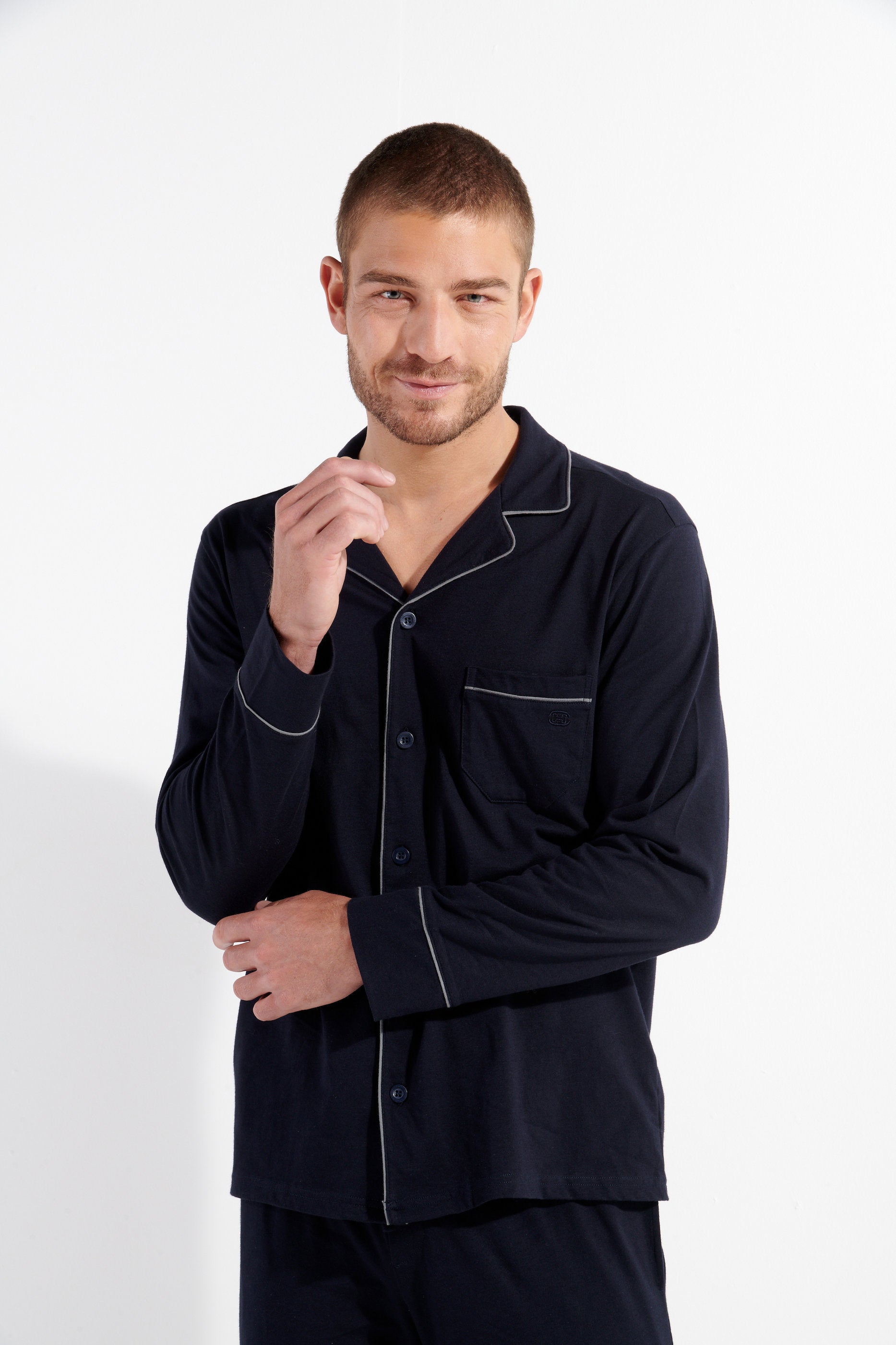 hom-albert-pyjama-homme-long-bleu-marine-coton-chemise image 2