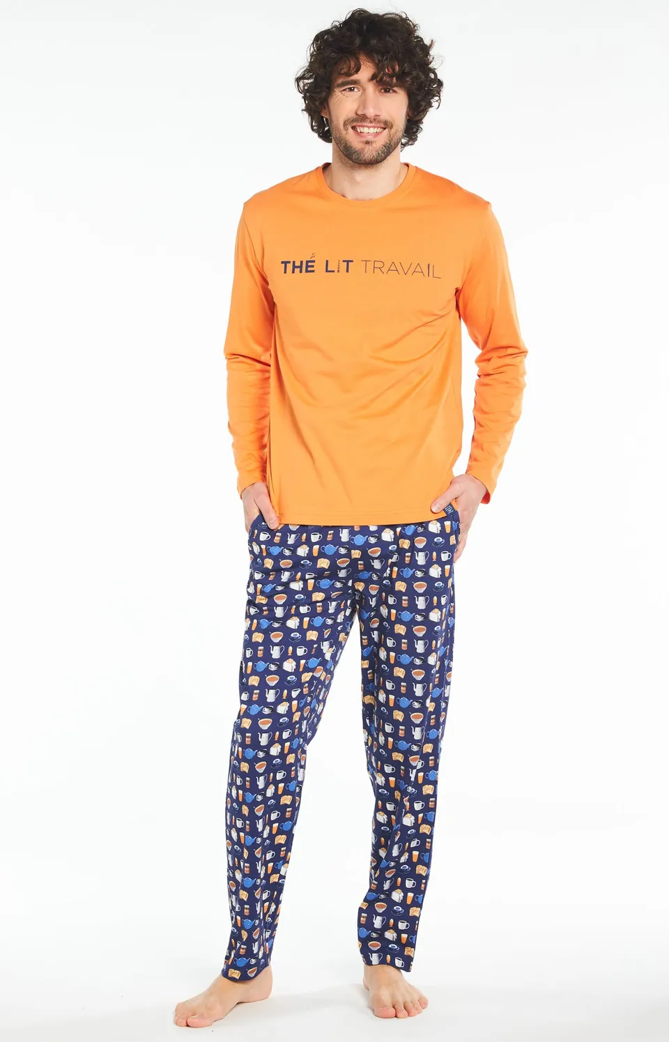 arthur-bob-orange-pyjama-homme-marine-coton-bio-long image 1