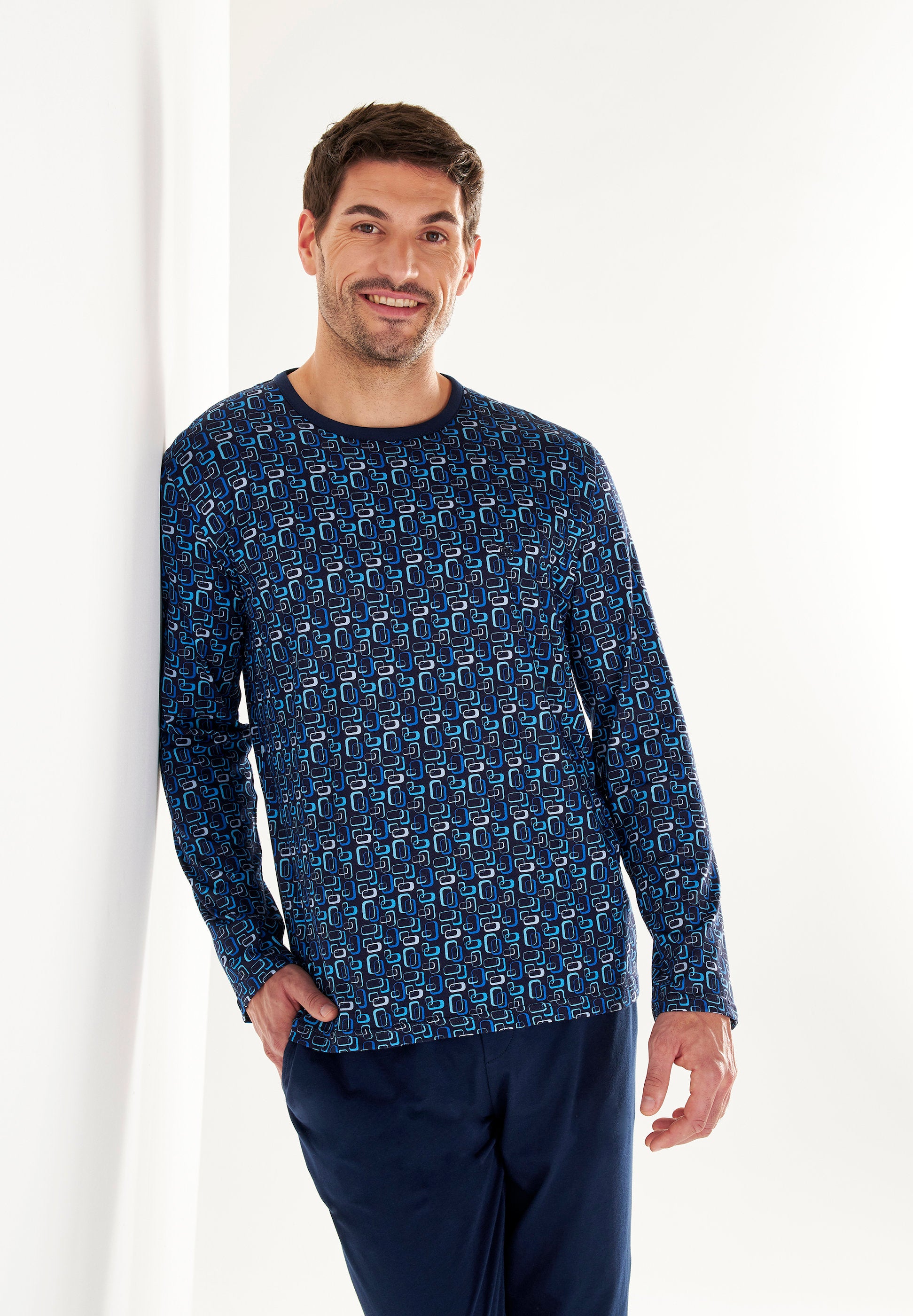 hom-elvis-403210-pyjama-long-homme-bleu-imprim-coton image 2