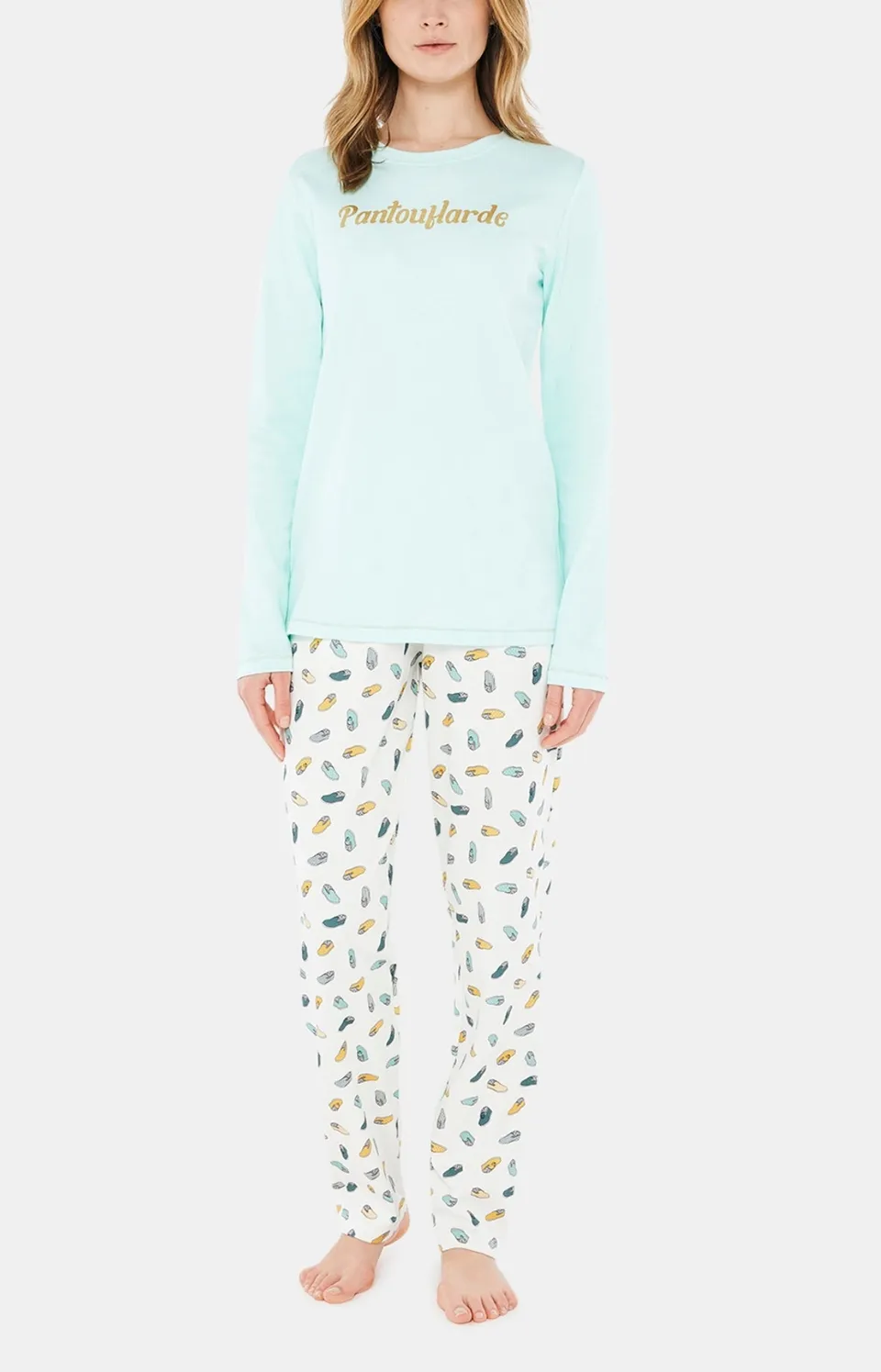 arthur-bob-pantouflard-ciel-pyjama-femme-ivoire-coton-bio image 1