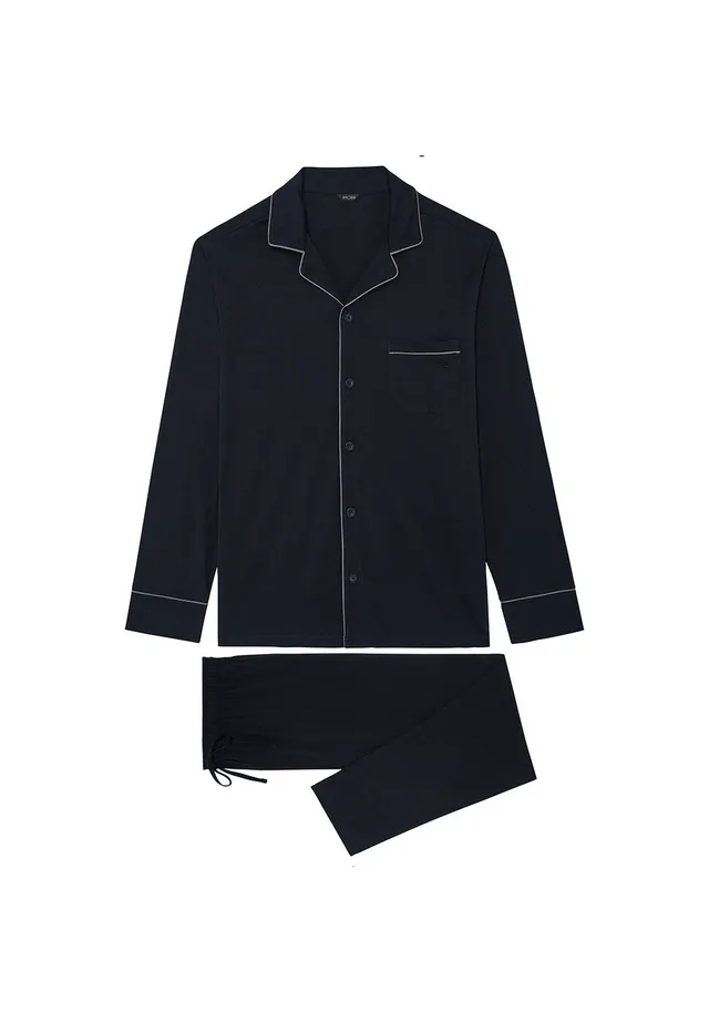 hom-albert-pyjama-homme-long-bleu-marine-coton-chemise image 1