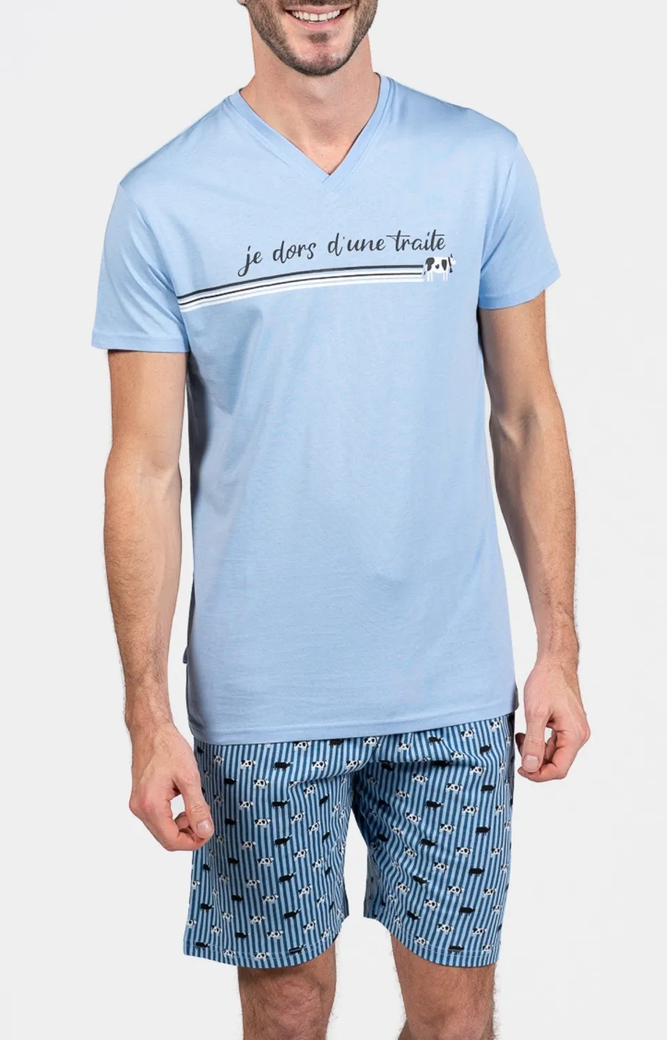 arthur-bob-vache-pyjashort-homme-bleu-coton image 1